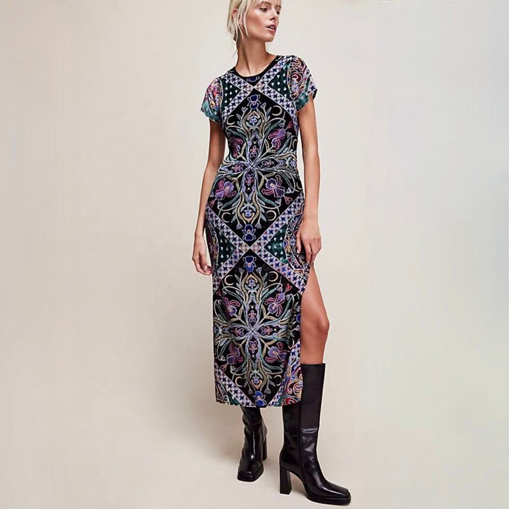 Free People Iris Maxi Dress - Velvet - Black with Multicolor Print - Size L